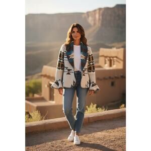 Rhonda Stark Women's Medium Wool Blend Aztec Ivory Brown Teal Western Wrap Coat